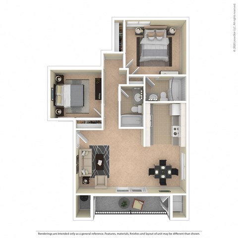 Floor plan for 2 beds, 2 baths, 850 sqft